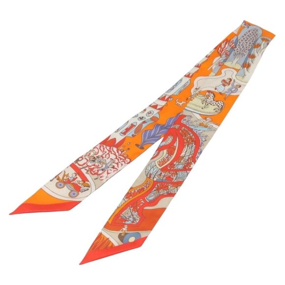 HERMES Twilly Scarf ""World's Fair"" Silk Orange Auth - Picture 1 of 9